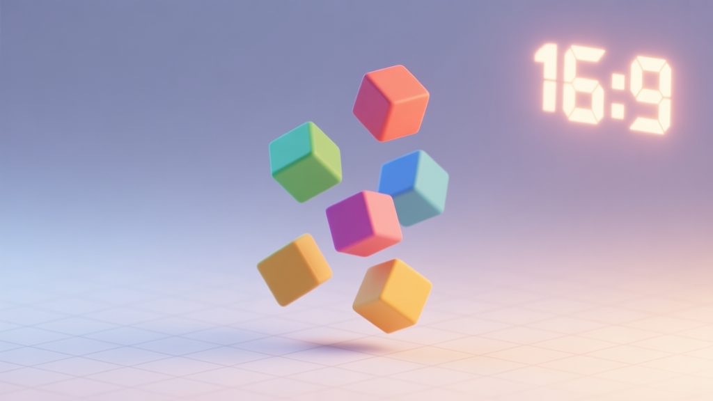 A clean, minimalist 3D render of colorful cube blocks (Cubies) mid-fall against a soft gradient background, with subtle grid lines and a glowing high score number in the corner, flat design style high quality illustration, detailed, 16:9
