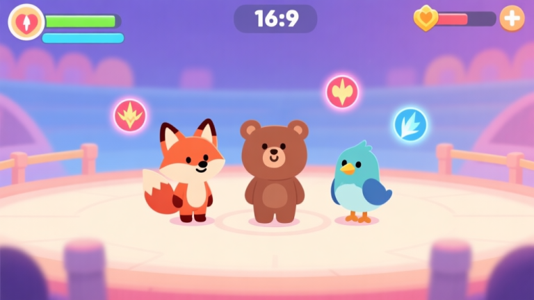 自动生成图片: A vibrant yet soft-colored game scene showing three cute animal characters (a fox, a bear, and a bird) standing on a simple arena platform, with minimalist UI elements like health bars and skill icons floating around, cartoon style, gentle gradients high quality illustration, detailed, 16:9