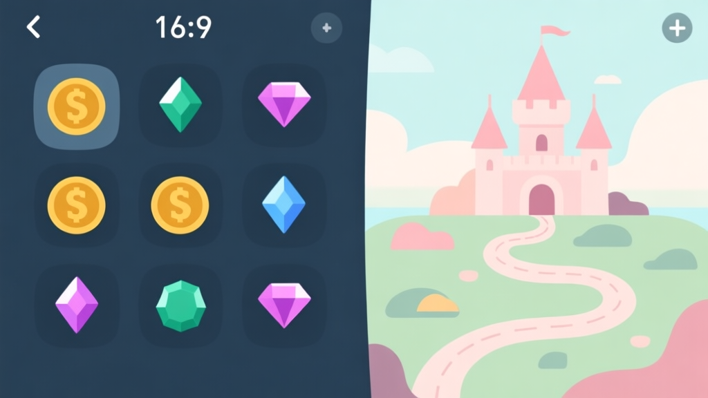 A minimalist game interface split-screen showing resource icons (coins, gems) on one side and an abstract castle map with winding paths on the other, soft pastel color scheme, flat design high quality illustration, detailed, 16:9