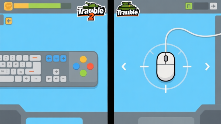 自动生成图片: Split-screen illustration showing two different Tank Trouble 2 control schemes: one with keyboard arrows and another with mouse aiming, on a minimalist blue and grey game UI background high quality illustration, detailed, 16:9