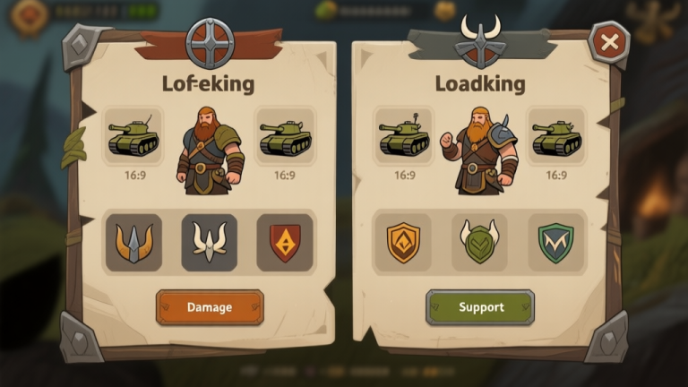 自动生成图片: Side-by-side character selection screen in a Viking-themed game, showing two complementary loadouts with icons for tank, damage, and support roles, muted earthy color palette high quality illustration, detailed, 16:9