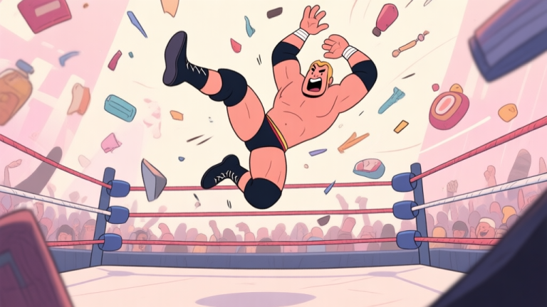 自动生成图片: A chaotic, energetic wrestling ring scene in a cartoonish style, with a wrestler mid-air performing an outrageous move, objects flying in the background, soft pastel colors, dynamic lines conveying motion high quality illustration, detailed, 16:9