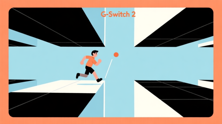 自动生成图片: A stylized side-view of a G-Switch 2 gameplay scene, showing a character running on both ceiling and floor across alternating black and white platforms, with a focus on the split-second timing of a gravity switch, using a clean vector art style with a soft blue and orange color palette high quality illustration, detailed, 16:9