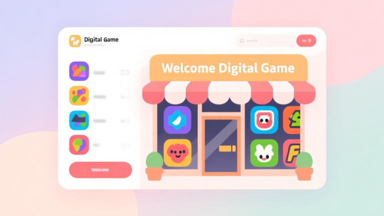 自动生成图片: A friendly, welcoming digital game storefront interface with various colorful game icons, soft pastel background, clean and minimalist design high quality illustration, detailed, 16:9