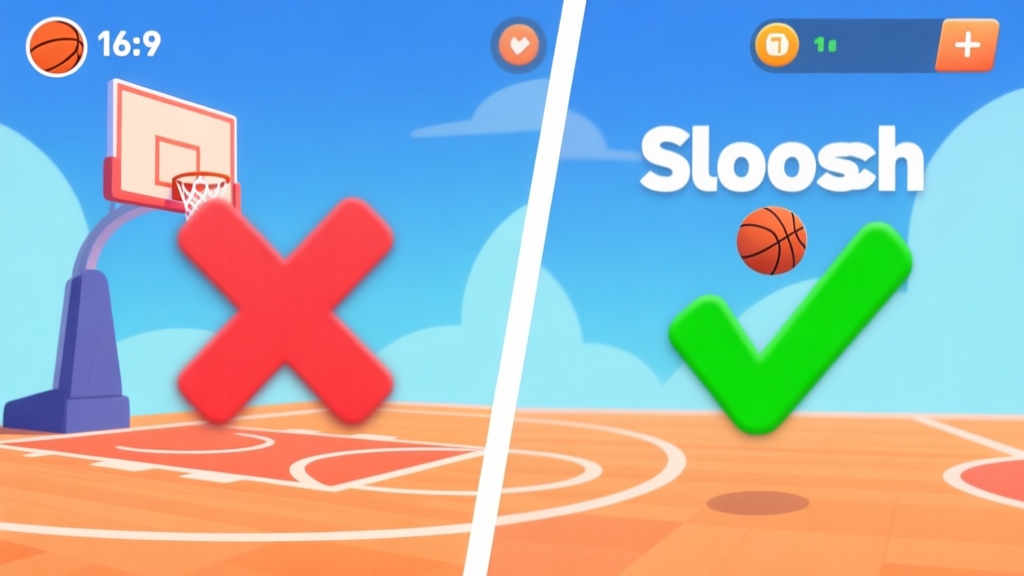 Split-screen comparison of a missed three-point shot with a red 'X' and a perfect 'Swoosh' shot with a green checkmark in a stylized basketball video game UI, soft blue and orange color scheme high quality illustration, detailed, 16:9