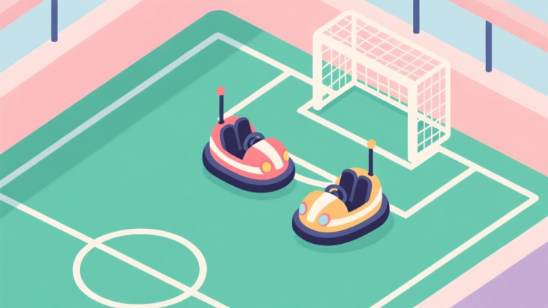 自动生成图片: Top-down view of a bumper cars soccer arena, with two cars strategically positioned near the goal, one car defending, soft pastel colors, clean lines, flat illustration style high quality illustration, detailed, 16:9