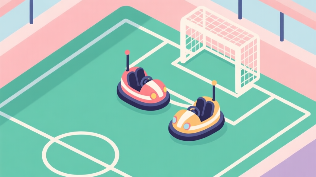 Top-down view of a bumper cars soccer arena, with two cars strategically positioned near the goal, one car defending, soft pastel colors, clean lines, flat illustration style high quality illustration, detailed, 16:9