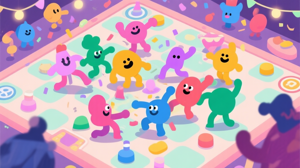 A chaotic, fun scene from a top-down party game, with colorful abstract characters bumping into each other on a whimsical game board, soft pastel colors, playful lighting, flat illustration style high quality illustration, detailed, 16:9