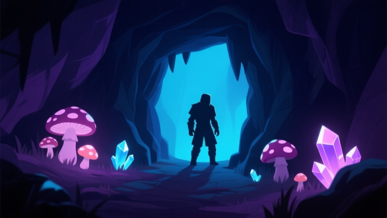 自动生成图片: A dark, atmospheric cave entrance in a video game, glowing mushrooms and crystals providing faint light, a shadowy figure of a player character hesitating at the threshold, conveying a sense of mystery and unpredictable danger, soft color palette with deep blues and purples high quality illustration, detailed, 16:9