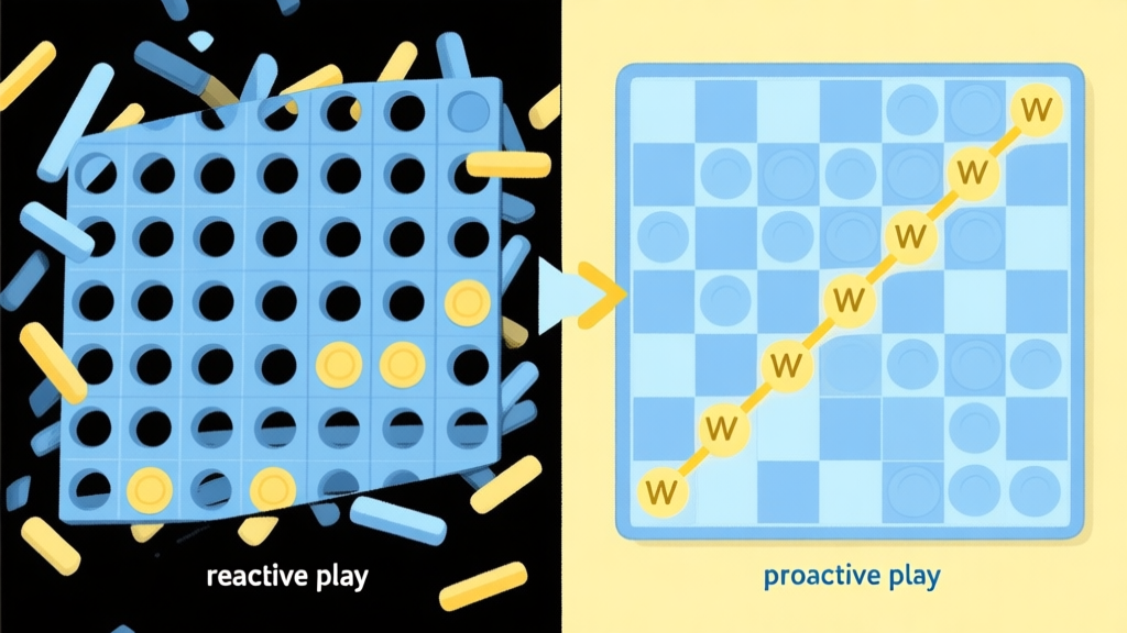 A split-screen illustration showing a chaotic Connect Four board on the left (reactive play) and a clean, strategically organized board with highlighted winning paths on the right (proactive play), using a soft blue and yellow color scheme high quality illustration, detailed, 16:9