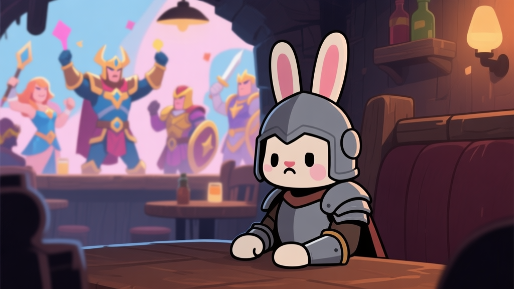 A melancholic-looking cartoon bunny character in simple armor, sitting alone in a dimly lit game tavern, while other flashy heroes are celebrated in the background, soft pastel color palette high quality illustration, detailed, 16:9