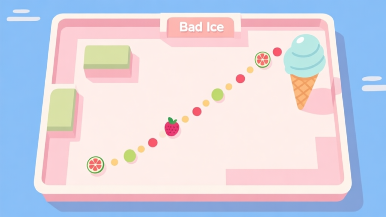 自动生成图片: A minimalist top-down view of a Bad Ice Cream level map, showing a planned efficient path through fruit dots, with soft pastel colors and clean lines high quality illustration, detailed, 16:9