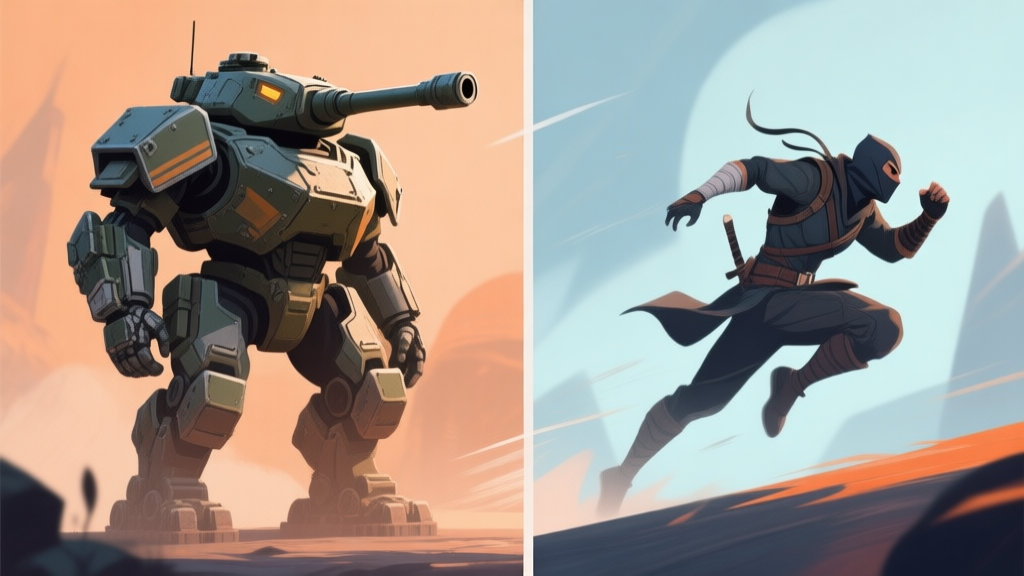 Split-screen illustration of two contrasting video game character archetypes, left side shows a heavily armored tank character standing firm, right side shows a nimble assassin character mid-dash, soft color palette with muted blues and oranges high quality illustration, detailed, 16:9