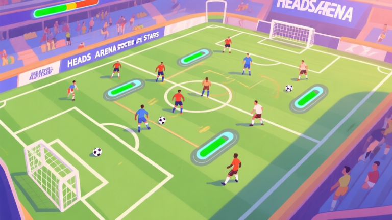自动生成图片: A dynamic, top-down view of a Heads Arena Soccer All Stars match in progress, showing player positioning, energy bars, and a clear tactical formation overlay, in a vibrant cartoon style with soft highlights high quality illustration, detailed, 16:9