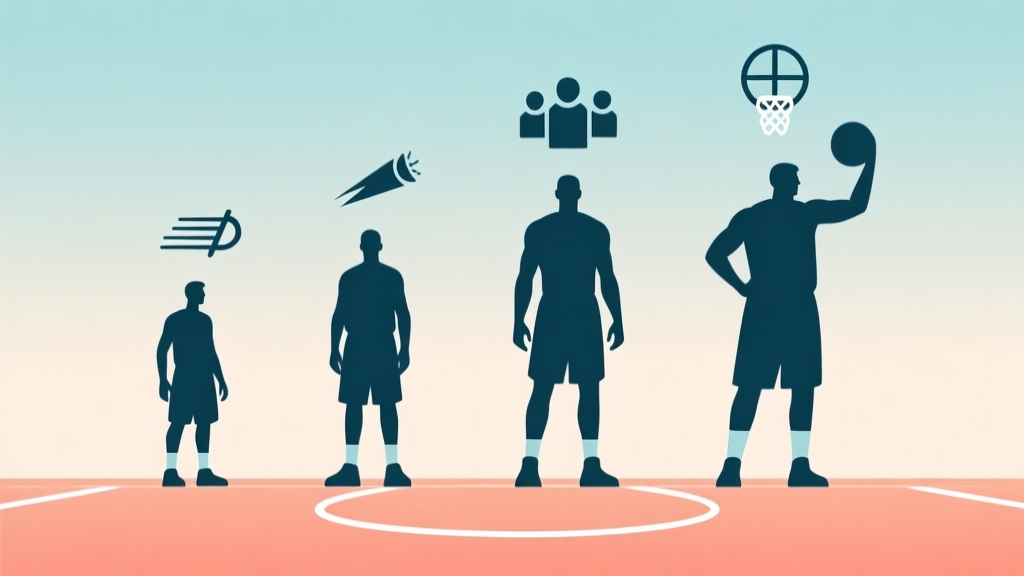 A minimalist, flat-design style comparison chart showing five stylized basketball player silhouettes with different heights and builds, arranged side by-side with key stat icons like speed, power, and shooting floating above them, on a soft gradient court background high quality illustration, detailed, 16:9