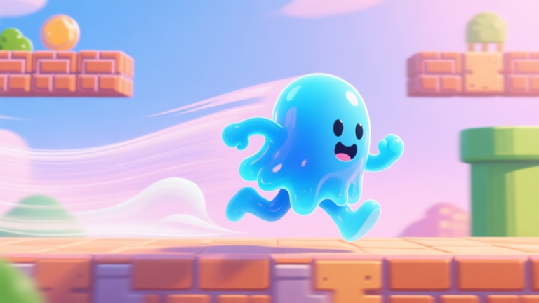 自动生成图片: A playful, gelatinous blue character (Squish) mid-dash in a vibrant platformer level, leaving a smooth motion trail, soft pastel colors for the environment high quality illustration, detailed, 16:9