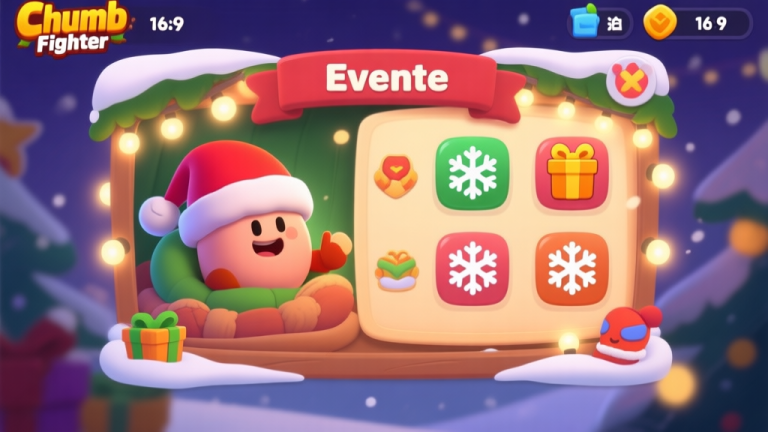 自动生成图片: Cozy Christmas-themed mobile game interface, Thumb Fighter character in a Santa hat, event menu with snowflakes and gift icons, soft glowing lights, warm and festive color palette high quality illustration, detailed, 16:9