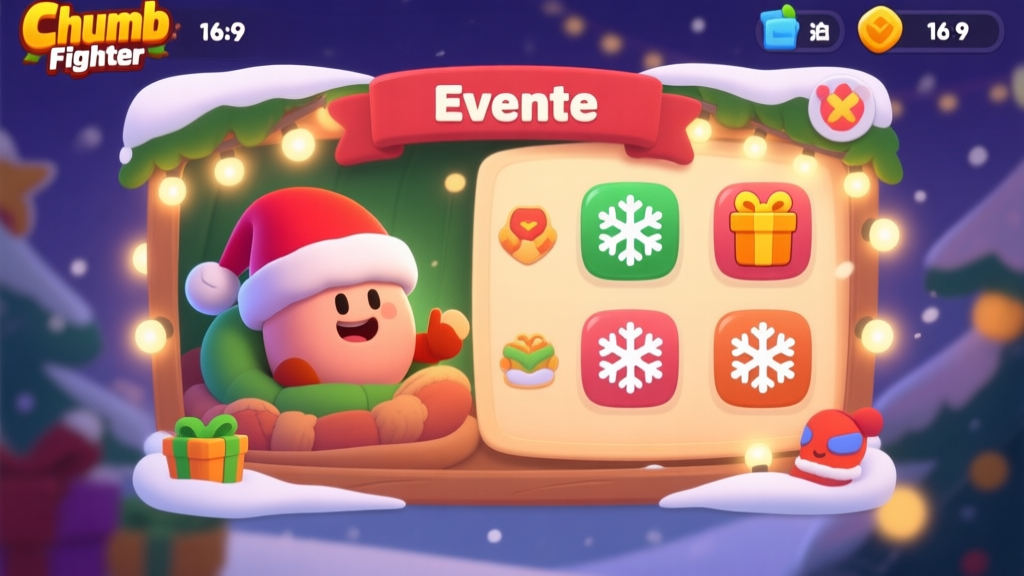 Cozy Christmas-themed mobile game interface, Thumb Fighter character in a Santa hat, event menu with snowflakes and gift icons, soft glowing lights, warm and festive color palette high quality illustration, detailed, 16:9