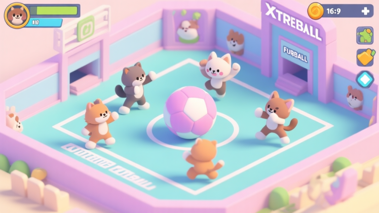 自动生成图片: A vibrant, isometric view of a stylized Xtreme Furball arena with multiple cute animal characters in dynamic poses, mid-action, soft pastel color palette, clean lines, game UI elements visible high quality illustration, detailed, 16:9