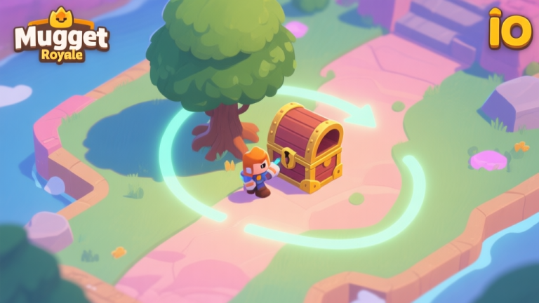 自动生成图片: A top-down view of a colorful Nugget Royale IO map, showing a player character strategically positioned between a chest and a tree, with a subtle glowing path indicating a suggested early-game rotation route, soft pastel colors high quality illustration, detailed, 16:9