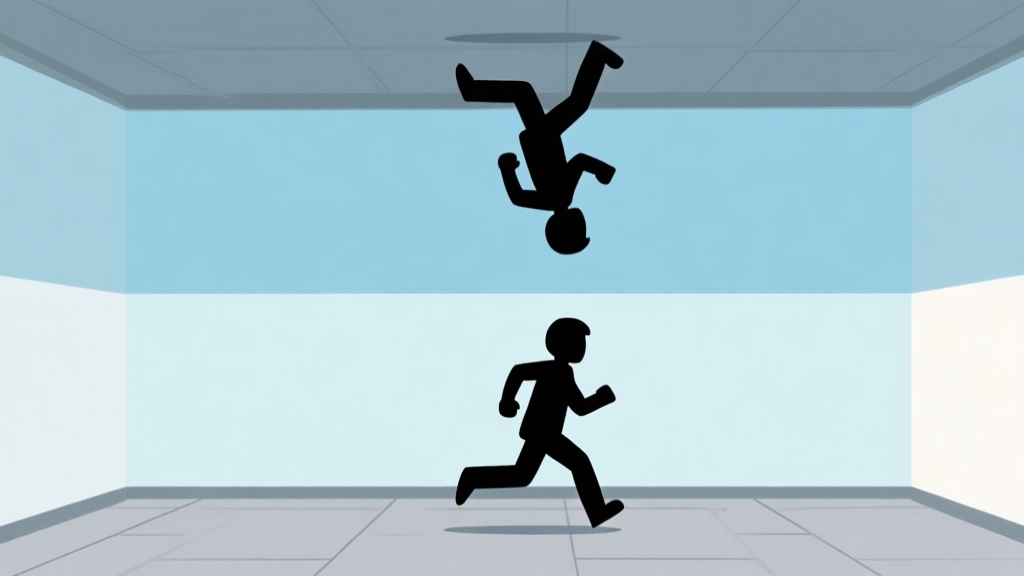 A minimalist 2D game scene showing a character silhouette running on a floor, with a mirrored silhouette running upside down on a ceiling directly above, separated by a thin line. Soft blue and grey color scheme, clean lines, conveying the core dual-side running concept of G-Switch high quality illustration, detailed, 16:9