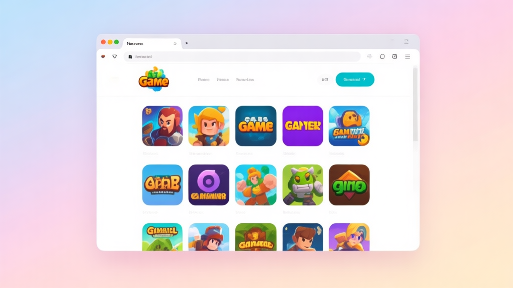 A clean, inviting browser window open to a colorful game portal website, showing various game thumbnails. Soft pastel background with a subtle gradient. high quality illustration, detailed, 16:9