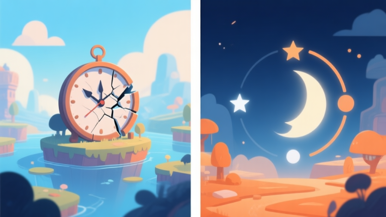 自动生成图片: Split-screen illustration showing a game world with a broken clock on one side and a smoothly functioning day-night cycle on the other, using a soft color palette of blues and oranges high quality illustration, detailed, 16:9