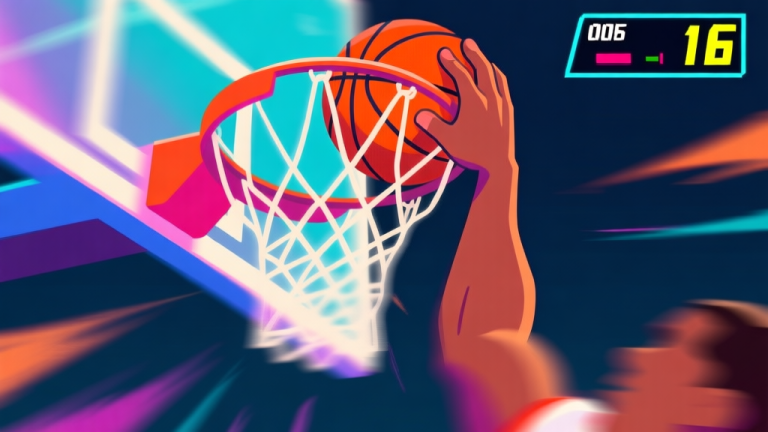 自动生成图片: A dynamic, stylized 2D game screenshot showing a close-up of a basketball player's hand dunking the ball into a hoop, with motion blur effects, vibrant arcade colors, and a simple score display in the corner high quality illustration, detailed, 16:9