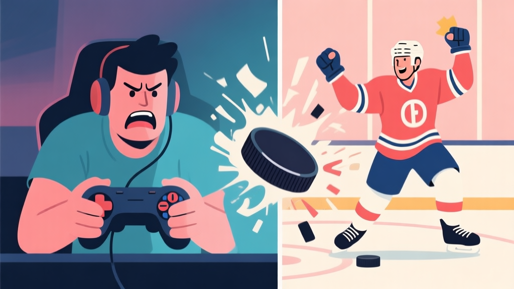 A split-screen illustration showing a frustrated gamer on one side and a confident, victorious player on the other, with a hockey puck in the center transitioning from chaotic to controlled movement, soft color palette high quality illustration, detailed, 16:9