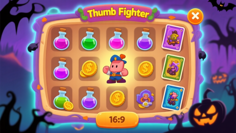 自动生成图片: A vibrant, stylized mobile game screenshot showing a Thumb Fighter character inventory screen, filled with various potions, coins, and character cards, with a spooky Halloween-themed border, soft glowing colors high quality illustration, detailed, 16:9