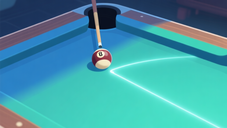 自动生成图片: A top-down view of a minimalist pool table in a digital game, showing the cue ball about to strike a numbered ball towards a corner pocket, with a faint glowing trajectory line indicating the angle, soft blue and green color scheme high quality illustration, detailed, 16:9