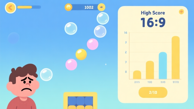 自动生成图片: A minimalist game interface illustration showing a bubble shooter game in progress, with a frustrated player character on one side and a high score chart on the other, using a soft pastel color palette with blues and yellows high quality illustration, detailed, 16:9