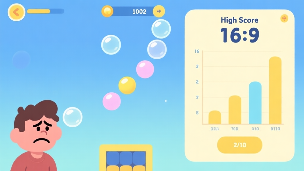 A minimalist game interface illustration showing a bubble shooter game in progress, with a frustrated player character on one side and a high score chart on the other, using a soft pastel color palette with blues and yellows high quality illustration, detailed, 16:9