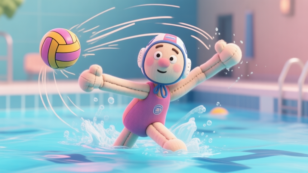 A comical, soft-colored 3D render of a ragdoll water polo player mid-action, with exaggerated physics lines showing trajectory and force, in a stylized pool setting high quality illustration, detailed, 16:9