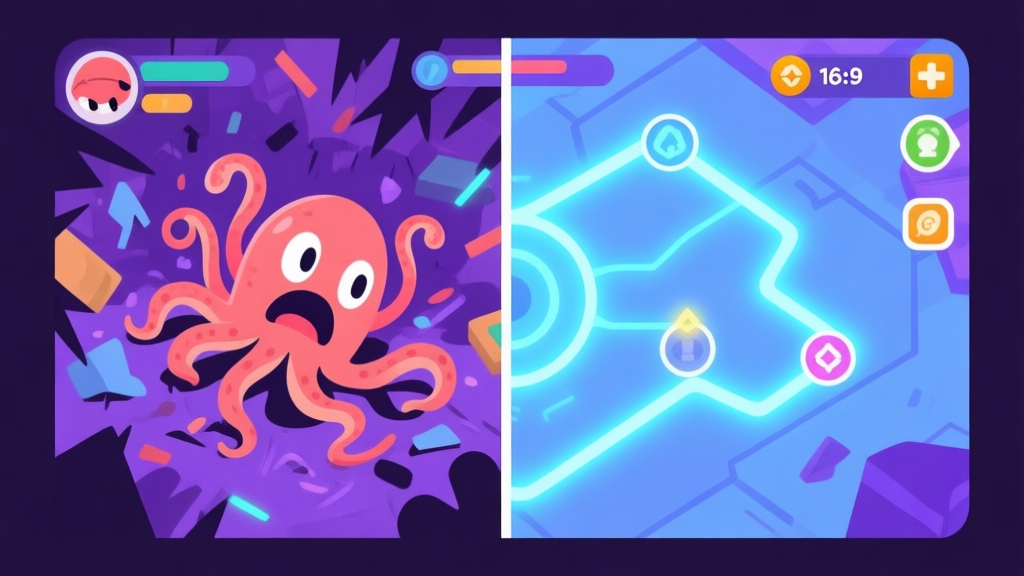 A split-screen illustration showing a chaotic game scene on one side (Calamari character struggling) and a calm, strategic view with glowing tactical lines and icons on the other, soft blue and purple color scheme, flat design high quality illustration, detailed, 16:9