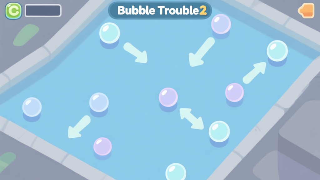 A minimalist top-down view of a Bubble Trouble 2 game screen, showing predictable bubble spawn patterns with soft arrows indicating movement paths, in a calm blue and grey color scheme high quality illustration, detailed, 16:9