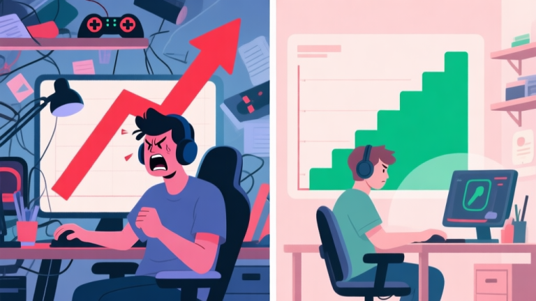 自动生成图片: A split-screen illustration showing two contrasting gaming setups. Left side: chaotic desk, player with frustrated expression, red descending arrow graph. Right side: organized desk, player with focused calm expression, green ascending stair-step graph. Soft pastel color palette. high quality illustration, detailed, 16:9