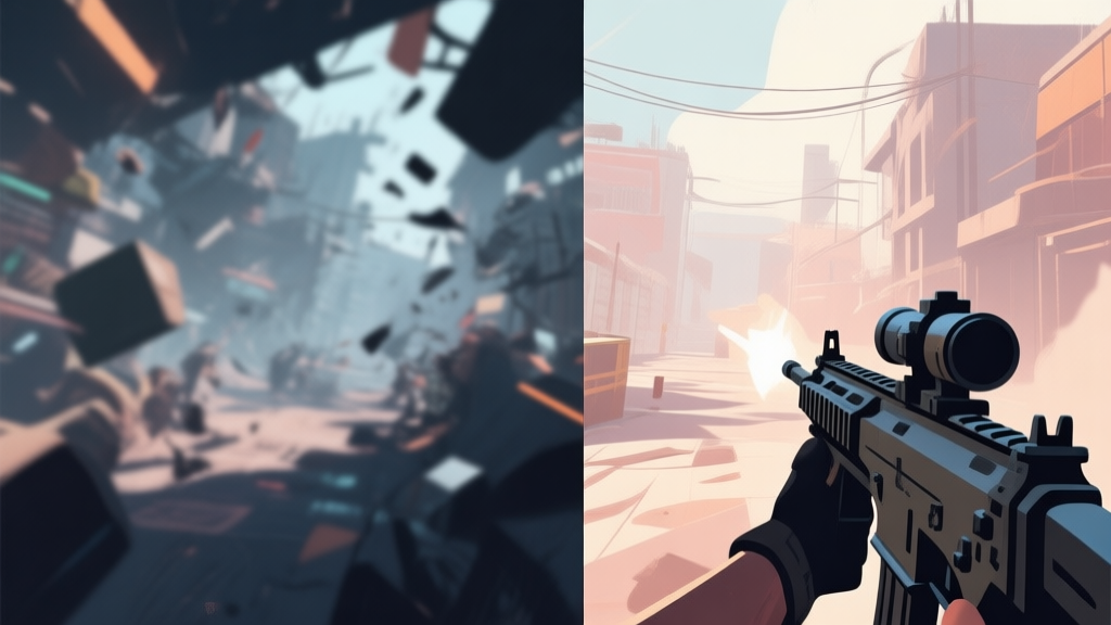 Split-screen comparison of two first-person shooter perspectives, one blurry and chaotic, the other sharp and focused with subtle visual cues highlighted, soft color palette high quality illustration, detailed, 16:9