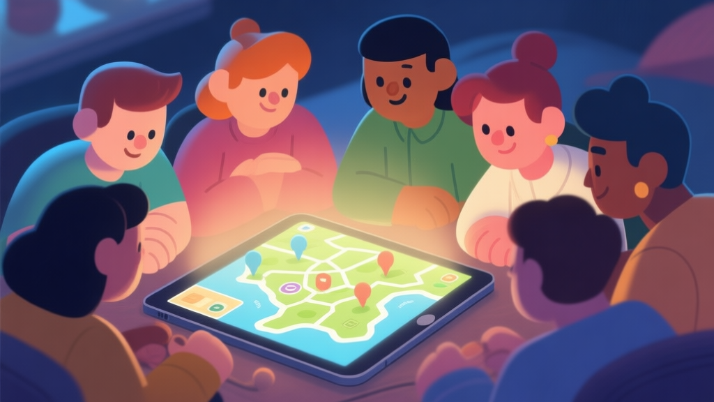 A cozy, inviting digital illustration of a group of diverse, stylized avatars gathered around a glowing game map on a tablet, with soft warm and cool lighting, flat design style high quality illustration, detailed, 16:9