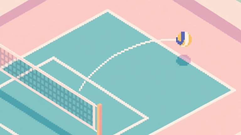 自动生成图片: A minimalist top-down view of a Pixel Volley court, with a trajectory line arcing from the server to a far corner, soft pastel colors, clean geometric shapes high quality illustration, detailed, 16:9