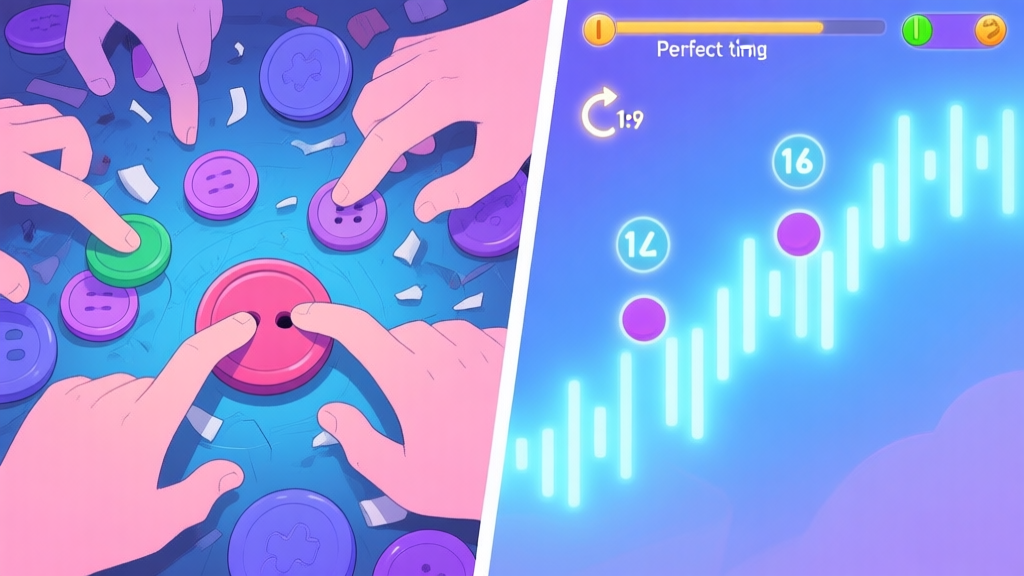 A split-screen illustration showing a chaotic button-mashing scene on one side versus a rhythmic, glowing combo sequence with perfect timing indicators on the other, in a soft color palette of blues and purples high quality illustration, detailed, 16:9