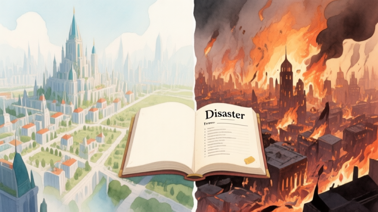 自动生成图片: A split-screen illustration showing a thriving, orderly fantasy city on one side and a chaotic, burning city on the other, with a recipe book labeled "Disaster" open between them, in a soft watercolor style with muted colors high quality illustration, detailed, 16:9