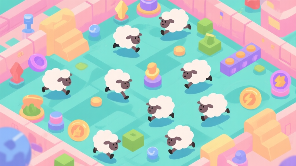 A top-down view of a colorful, chaotic game arena with multiple sheep characters running in different directions, power-ups and obstacles scattered around, soft pastel color palette, flat design style high quality illustration, detailed, 16:9