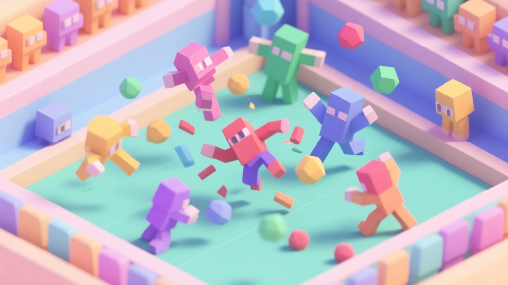 A dynamic, isometric view of a vibrant game arena with colorful, low-poly characters colliding and bouncing off each other, soft pastel color palette, clean lines, conveying playful chaos high quality illustration, detailed, 16:9