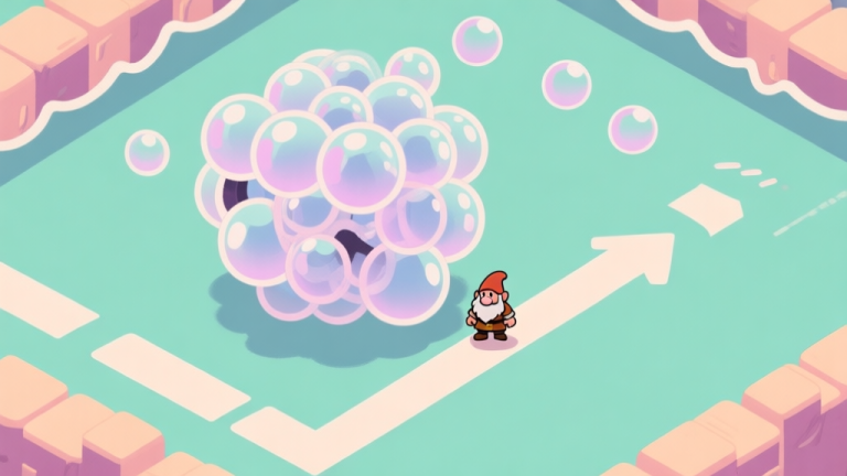 自动生成图片: A stylized, top-down view of a Bubble Trouble 3 boss level, showing the small player character dwarfed by a large, complex bubble cluster boss. Soft pastel colors, clean lines, arrows indicating potential bubble bounce trajectories high quality illustration, detailed, 16:9