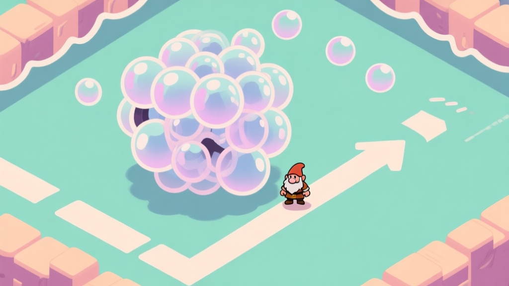 A stylized, top-down view of a Bubble Trouble 3 boss level, showing the small player character dwarfed by a large, complex bubble cluster boss. Soft pastel colors, clean lines, arrows indicating potential bubble bounce trajectories high quality illustration, detailed, 16:9