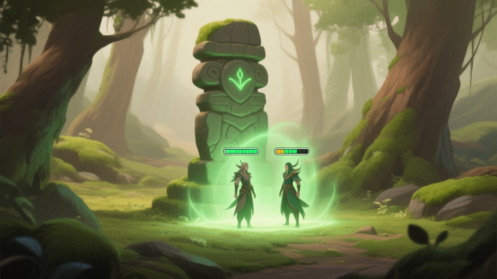A serene game scene showing a glowing, ancient stone totem in a forest clearing, emitting a soft green healing aura. Two stylized fantasy characters stand within its light, their health bars visibly regenerating. Soft color palette with mossy greens and earthy browns. high quality illustration, detailed, 16:9
