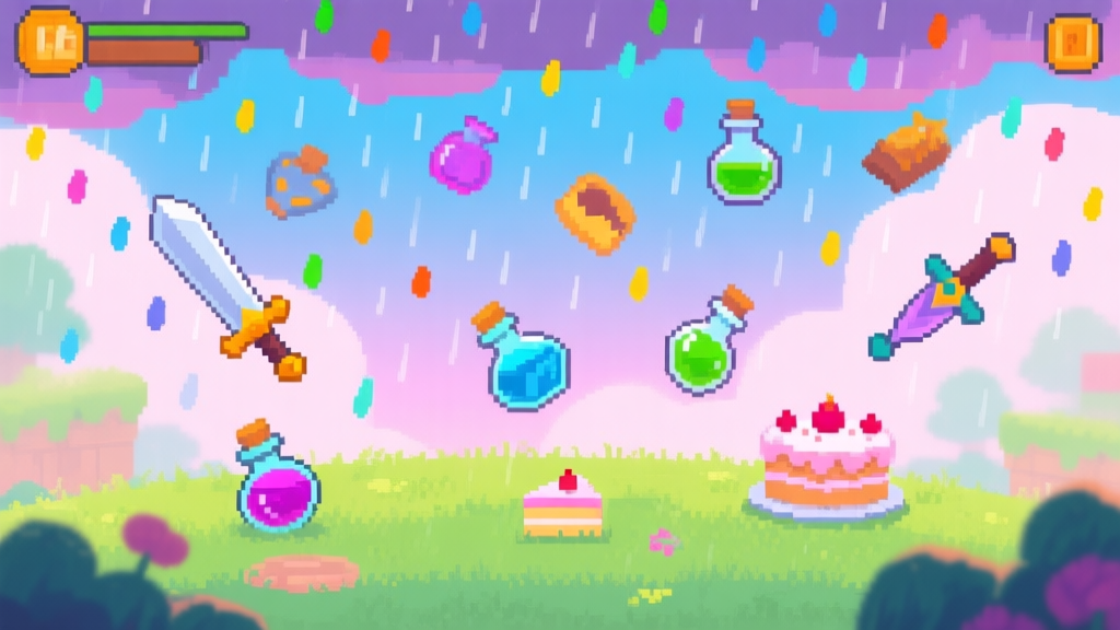 A vibrant, surreal game scene with colorful rain falling from a pixelated sky, dropping various unexpected items like swords, potions, and cakes onto a grassy landscape, soft pastel color palette, dreamlike atmosphere high quality illustration, detailed, 16:9