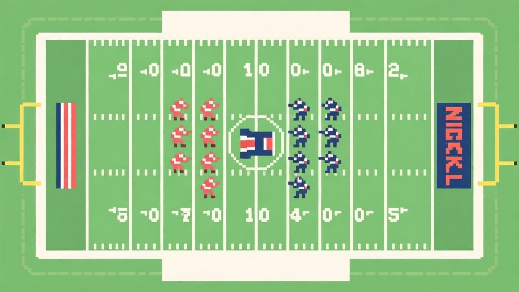 A top-down, minimalist illustration of a pixel-art American football field. Two distinct team formations are set, one in a spread offense alignment and the other in a nickel defense, with soft green turf and clean white lines, flat design style high quality illustration, detailed, 16:9
