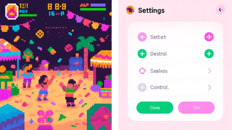 自动生成图片: A split-screen image showing a chaotic, colorful 8bit Fiesta gameplay scene on the left, and a clean, organized settings menu with highlighted control options on the right, using a soft pastel color palette high quality illustration, detailed, 16:9